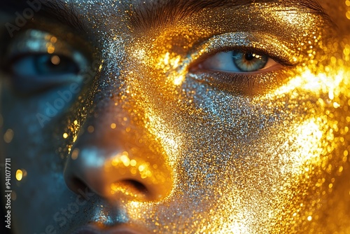 a close up of a person with gold glitter on their face