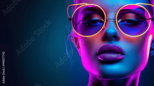 Close-up Portrait, Stylish Woman, Colorful Lighting, Retro Sunglasses, Futuristic Neon Makeup