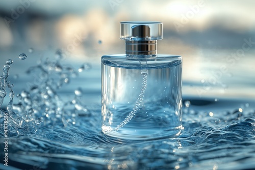 Perfume bottle and water splash