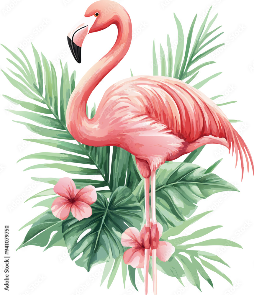 Fototapeta premium Watercolor Illustration of Pink Flamingo on Floral Background with Colorful Tropical Leaves 5