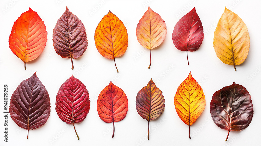 Obraz premium A collection of vibrant autumn leaves in shades of red, orange, and yellow, delicately arranged on a crisp white background
