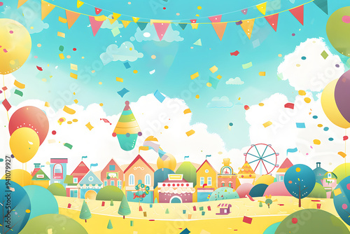 カラフルなパレードや遊園地の華やかなお祭り気分の街のイラスト