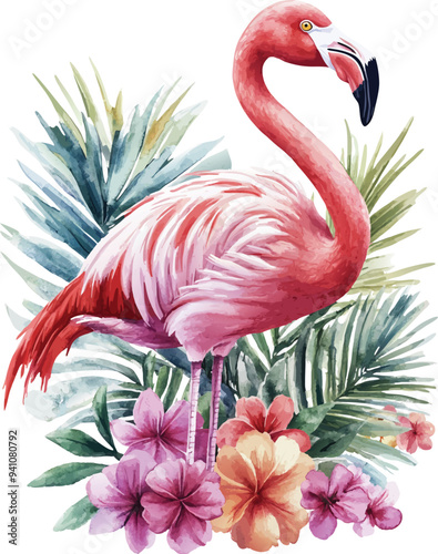 Watercolor Illustration of Pink Flamingo on Floral Background with Colorful Tropical Leaves1