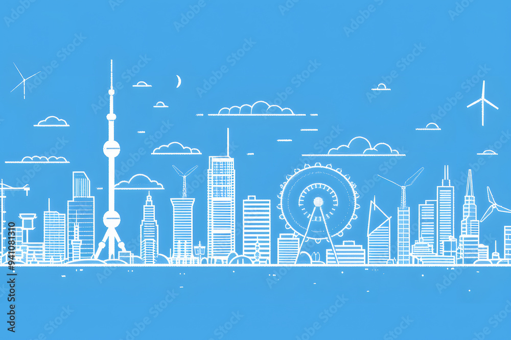 Obraz premium 青空の下の未来都市のビジョンのシンプルイラスト。現代都市デザインと持続可能性