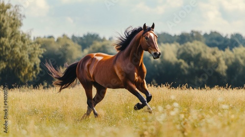 Chestnut Horse Running Through a Field.