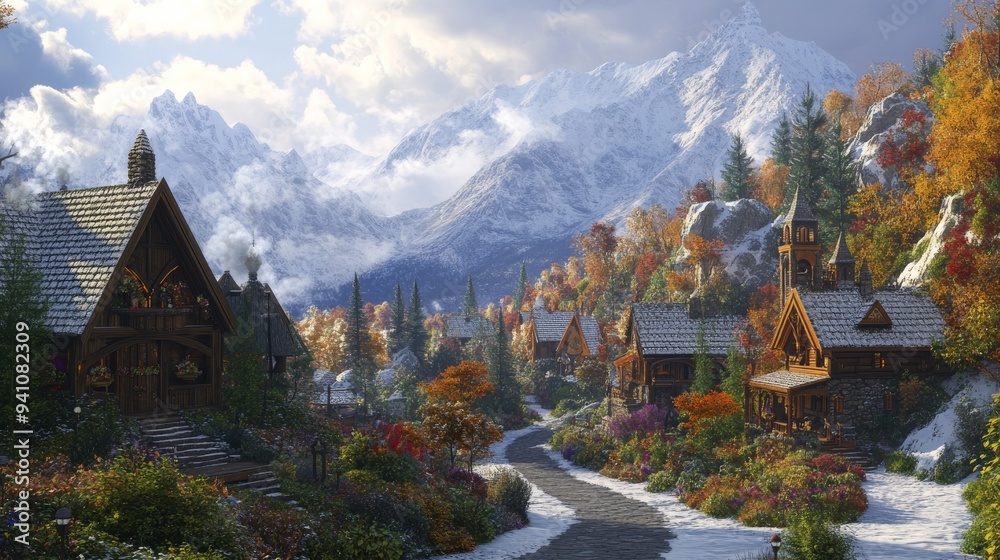 Fototapeta premium Cozy Village in the Snowy Mountains