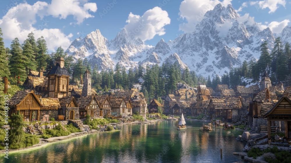 Fototapeta premium Picturesque Village nestled in the Mountains.