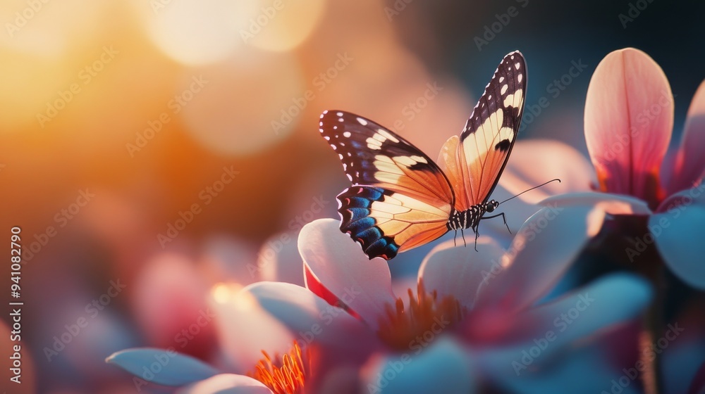 Butterfly on a Flower in Soft Sunlight. Butterfly on a Flower in Soft Sunlight.