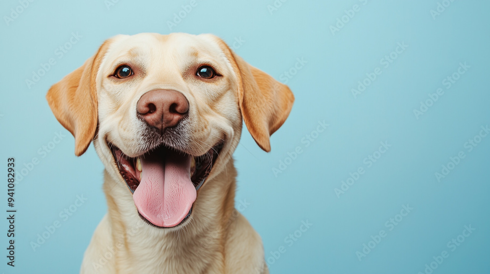 Labrador Retriever with a funny expression, sticking its tongue out with crossed eyes against a light blue background.