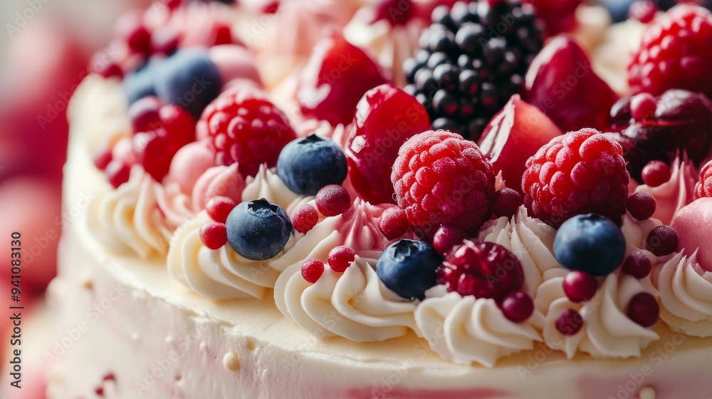 Closeup of a delicious cake decorated with fresh berries.