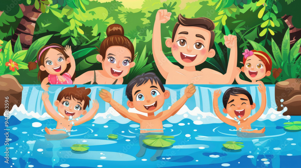 A group of children and adults are playing joyfully in a clear blue pool with waterfalls, surrounded by vibrant, green foliage A group of children and adults are playing joyfully in a clear blue pool with waterfalls, surrounded by vibrant, green foliage