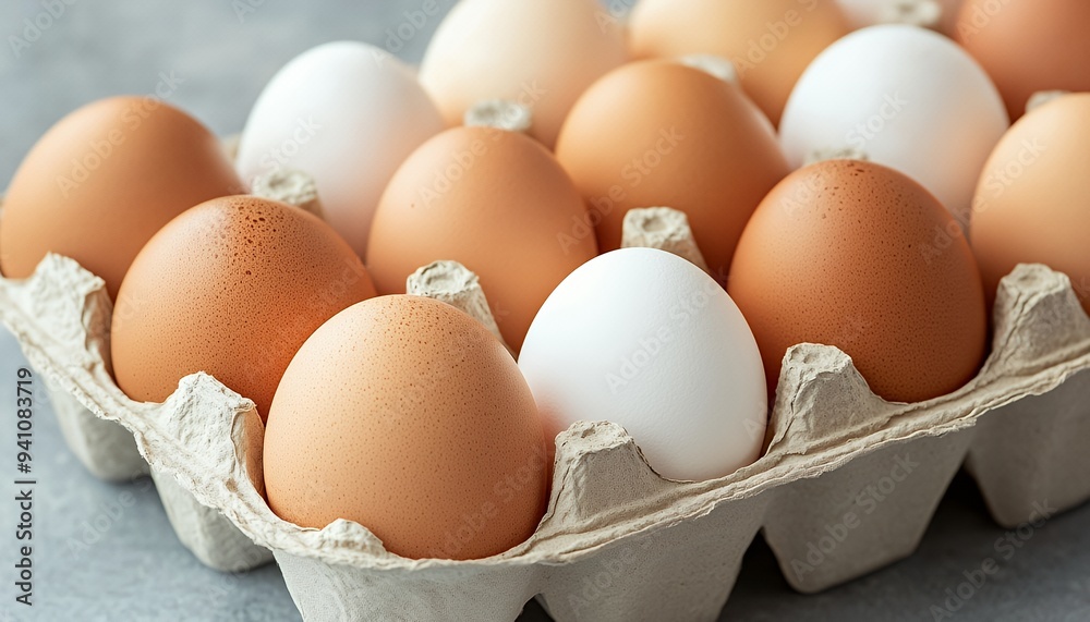 A carton of eggs featuring various shades of brown and white eggs.