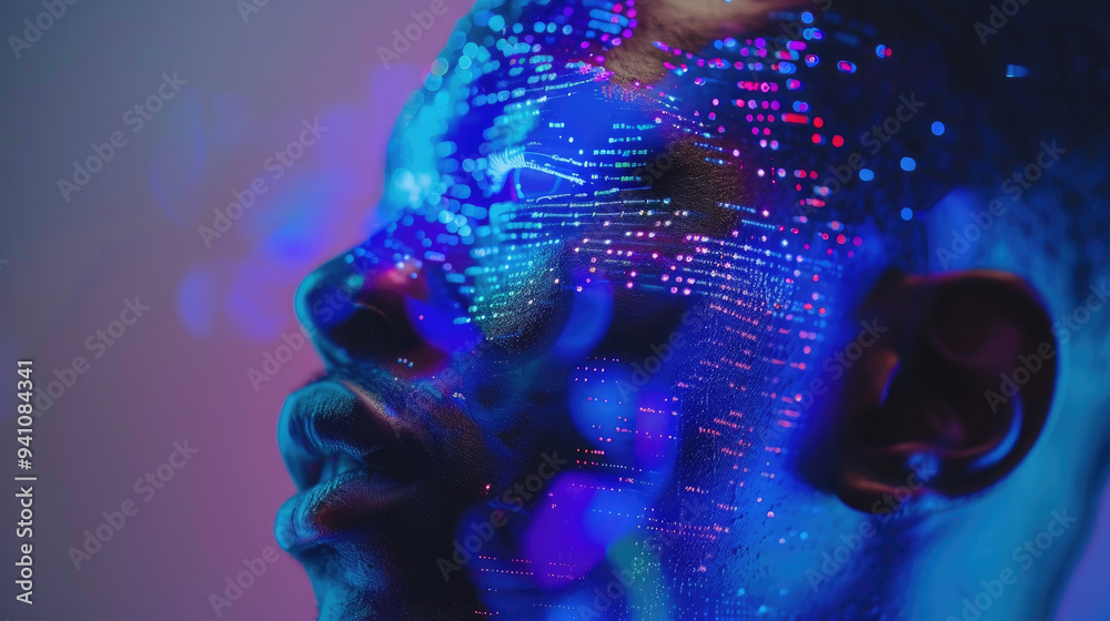 A man's side profile glows with vibrant digital projections, symbolizing the fusion of technology and human creativity in a modern setting A man's side profile glows with vibrant digital projections, symbolizing the fusion of technology and human creativity in a modern setting