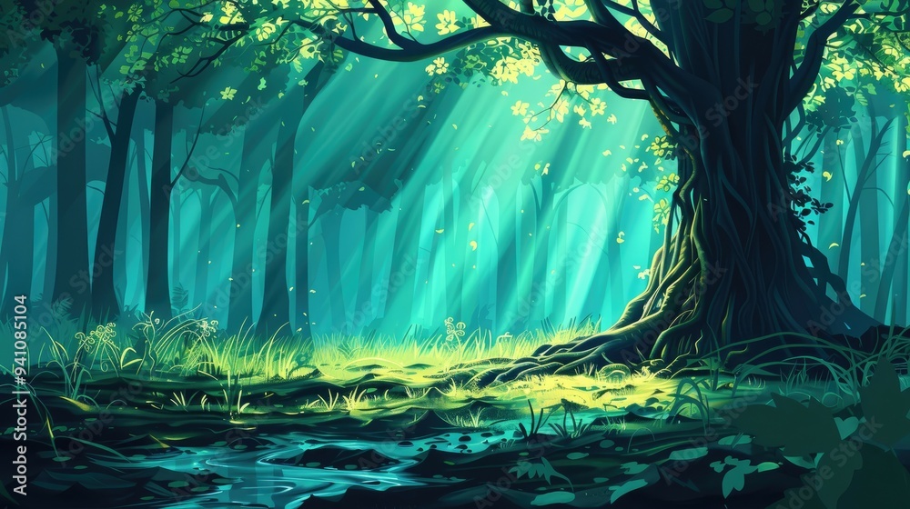 Fototapeta premium Sunbeams Filtering Through a Lush Forest Canopy