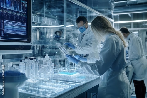 A high-tech laboratory in the pharmaceutical industry, with scientists in white lab coats conducting experiments and analyzing data