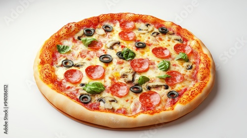 Delicious Pepperoni Pizza with Mushrooms and Olives.