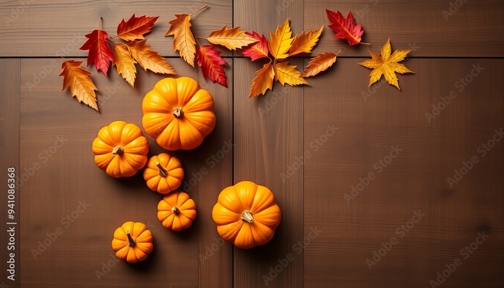 Fototapeta premium top view, composition of bright yellow pumpkins among autumn leaves on a brown wood background