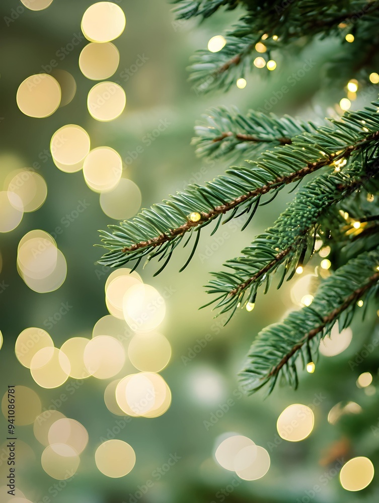 Close up of green pine tree branches with lights in a bokeh background, copy space for text, green color palette, blurred background Close up of green pine tree branches with lights in a bokeh background, copy space for text, green color palette, blurred background