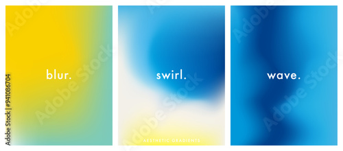 Sun. Clouds. Wave. Aesthetic various sky set. Blurred sky gradient background. Simple soft light backdrop. Pastel colored vertical vector banner. Gradient template design for poster, social post