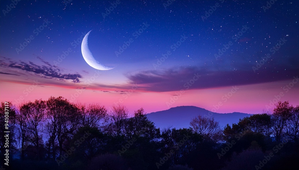 Naklejka premium Amochecer con la luna, colores azules y rosas.