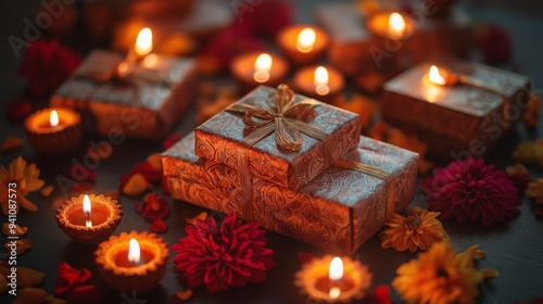 Beautifully wrapped Diwali gift boxes with elegant patterns and diyas create a festive atmosphere on a wooden table photo