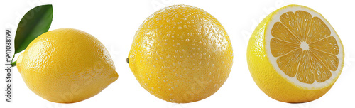 Fresh lemons and sliced lemon set isolated on transparent background