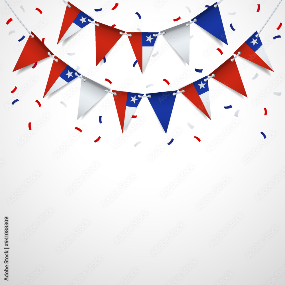 Chile Independence Day. Garland with the flag of Chile on a white background. Vector Illustration.
Chile Independence Day. Garland with the flag of Chile on a white background. Vector Illustration.
