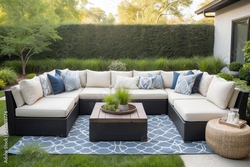 White Sectional Sofa with Blue Pillows in Backyard Patio photo