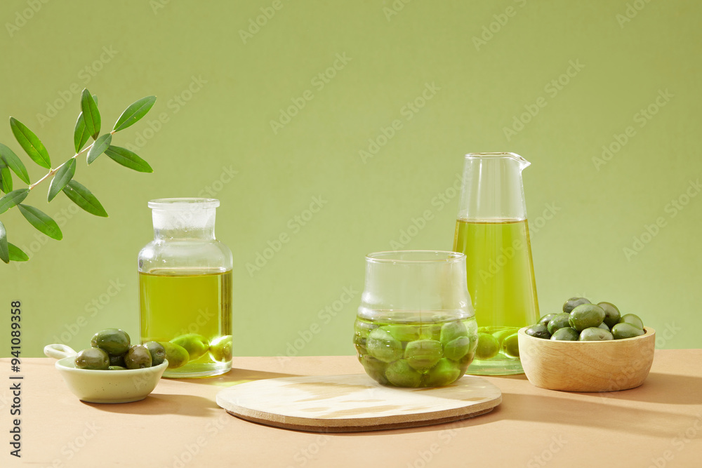 On green background, glass bottles of olive oil displayed with bowls of fresh olives and green leaves. Front view, empty space for presentation product On green background, glass bottles of olive oil displayed with bowls of fresh olives and green leaves. Front view, empty space for presentation product