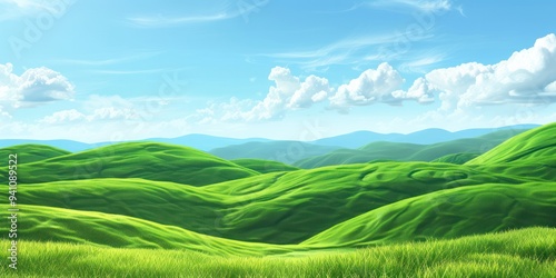 a beautiful landscape with green hills and a blue sky. The grass is lush and green, and the sky is dotted with fluffy white clouds illustration