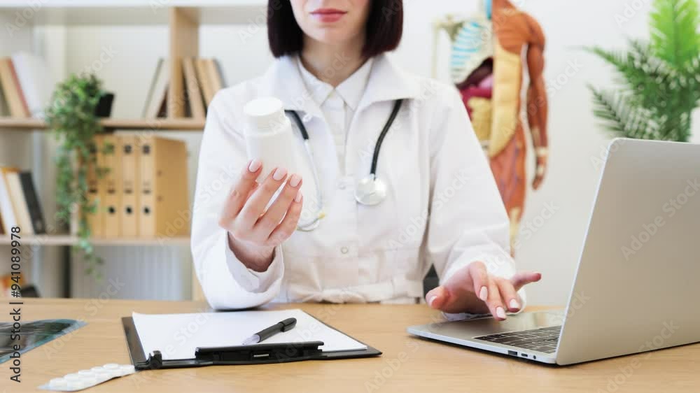 Close up of hands of female doctor holding pill bottle while using laptop at desk. Professional healthcare worker consulting online or researching medication.