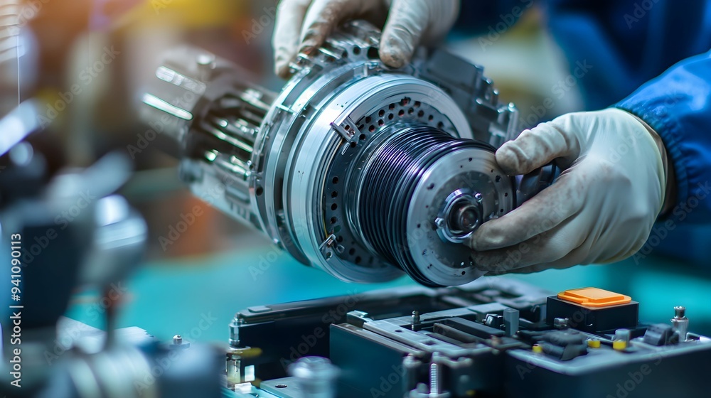 Naklejka premium electric servo motor,Mechanic repairing AC servo motor, DC brush-less motor, and stepping motor in factory,electric servo motor cnc,close-up