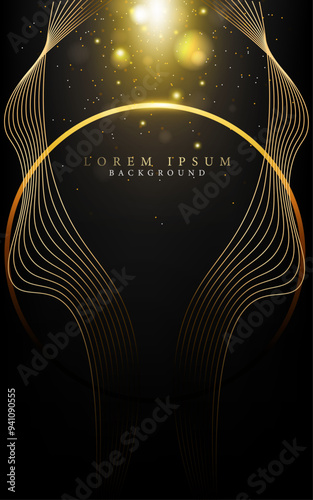 elegant golden lines binding art and gold dust luxury digital geometric modern dark background,cover and award banner vector illustration.
