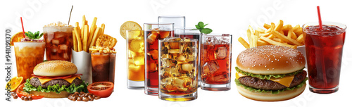 Assorted fast food and drinks set isolated on transparent background