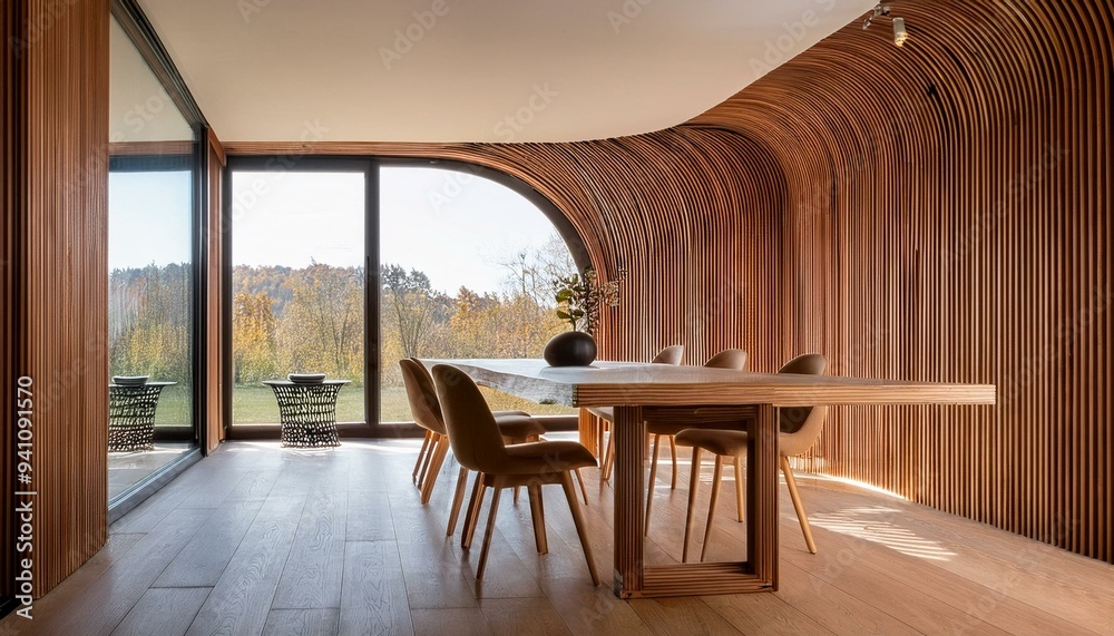 Fototapeta premium Minimalist interior design of modern dining room with abstract wood paneling arched wall