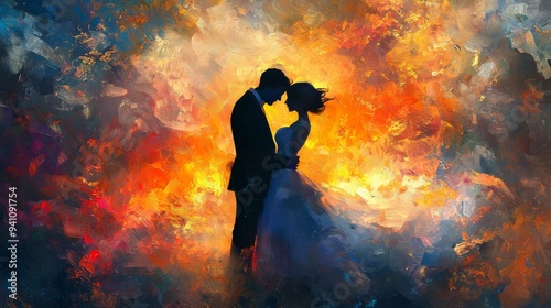 Romantic Couple Silhouette in Abstract Art.