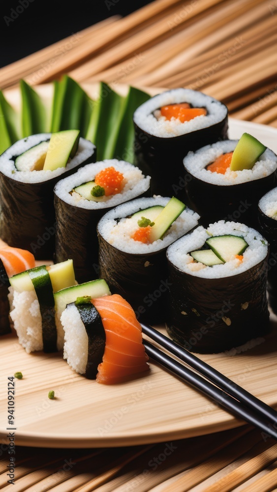 Neatly arranged sushi platter salmon & cream cheese rolls and cucumber avocado tuna topped with sesame seeds. Fresh green cucumbers as a garnish suggesting a healthy feast. Neatly arranged sushi platter salmon & cream cheese rolls and cucumber avocado tuna topped with sesame seeds. Fresh green cucumbers as a garnish suggesting a healthy feast.