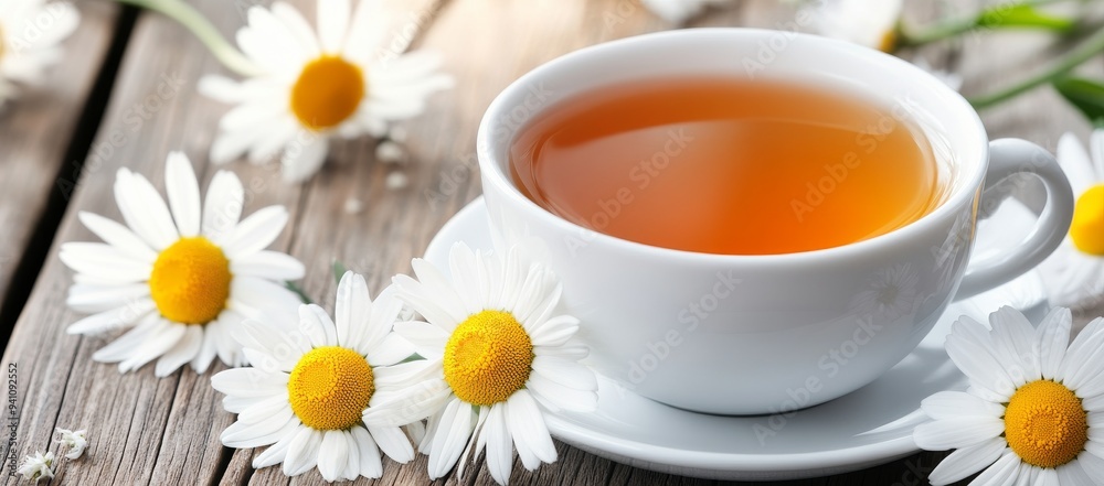 Chamomile tea in a white cup with fresh flowers on a wooden table Chamomile tea in a white cup with fresh flowers on a wooden table