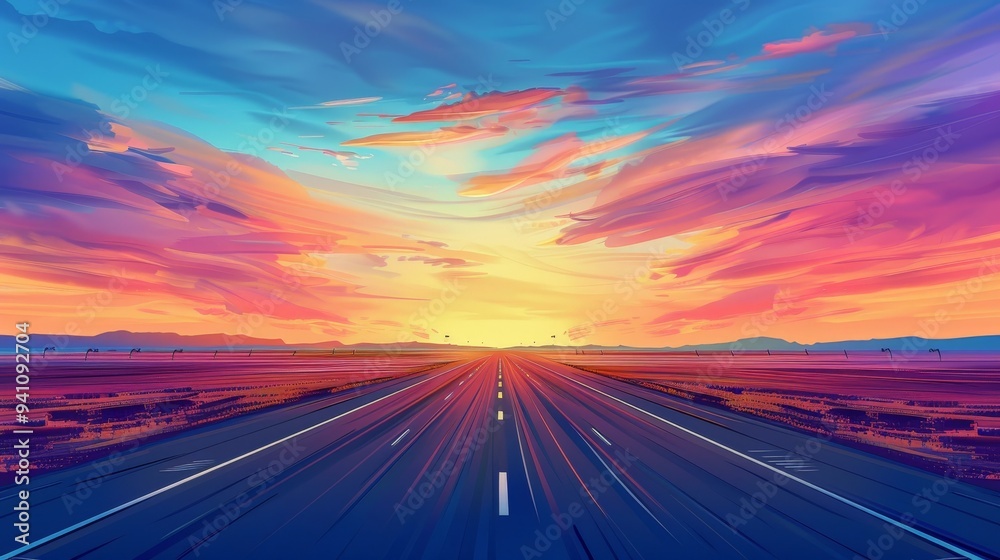 empty highway at dusk, with the sky painted in vibrant colors, emphasizing the peacefulness of the open road. empty highway at dusk, with the sky painted in vibrant colors, emphasizing the peacefulness of the open road.