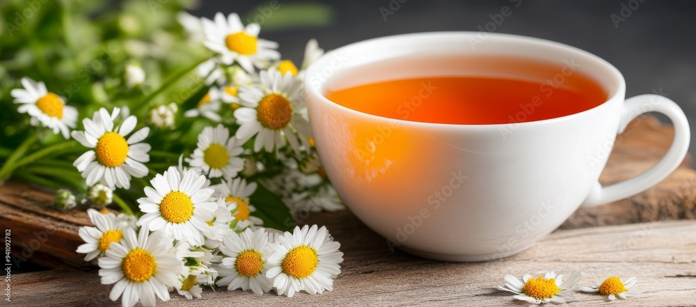 Chamomile tea in a white cup with fresh flowers on a wooden table Chamomile tea in a white cup with fresh flowers on a wooden table