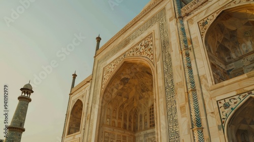 Taj Mahal in India Capture the building s beautiful white marble and intricate inlays. It is a clear example of Mughal architecture.