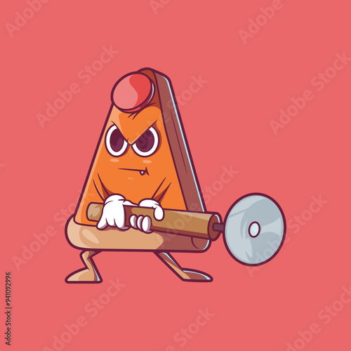 A Pizza Slice character holding a pizza cutter vector illustration. Fast food, brand design concept.
