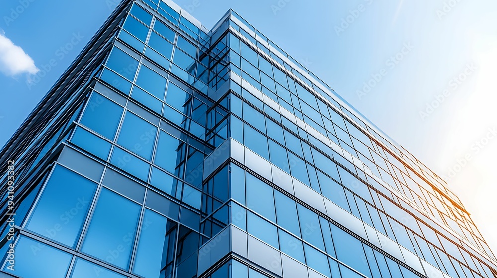 Obraz premium Modern Urban Architecture: Glass Panels Reflecting Sunlight with Copy Space for Text