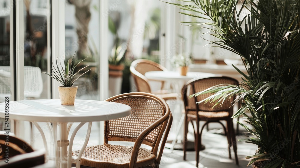 Fototapeta premium Empty wicker chairs and white table in a cafe.