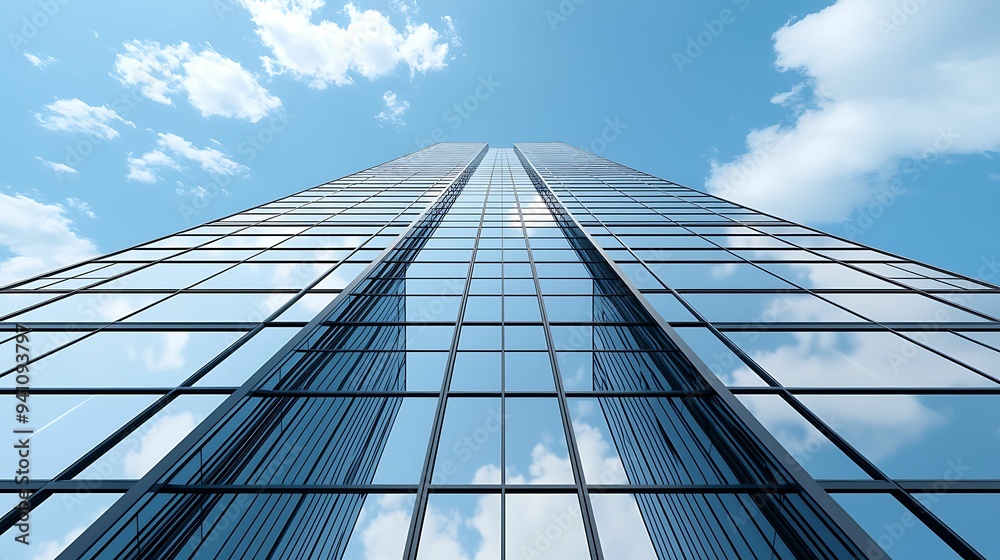 Futuristic Skyscraper Reflecting Cityscape under Blue Sky - Urban Architecture Concept with Copy Space