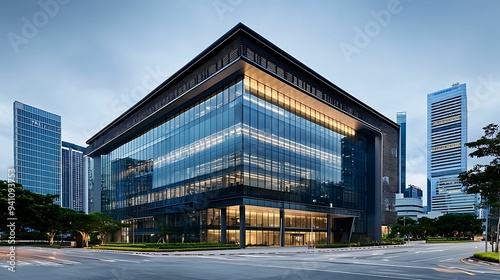 Modern Corporate Office Building in Urban Setting with Glass Exterior Bathed in Soft Morning Light, Copy Space Available