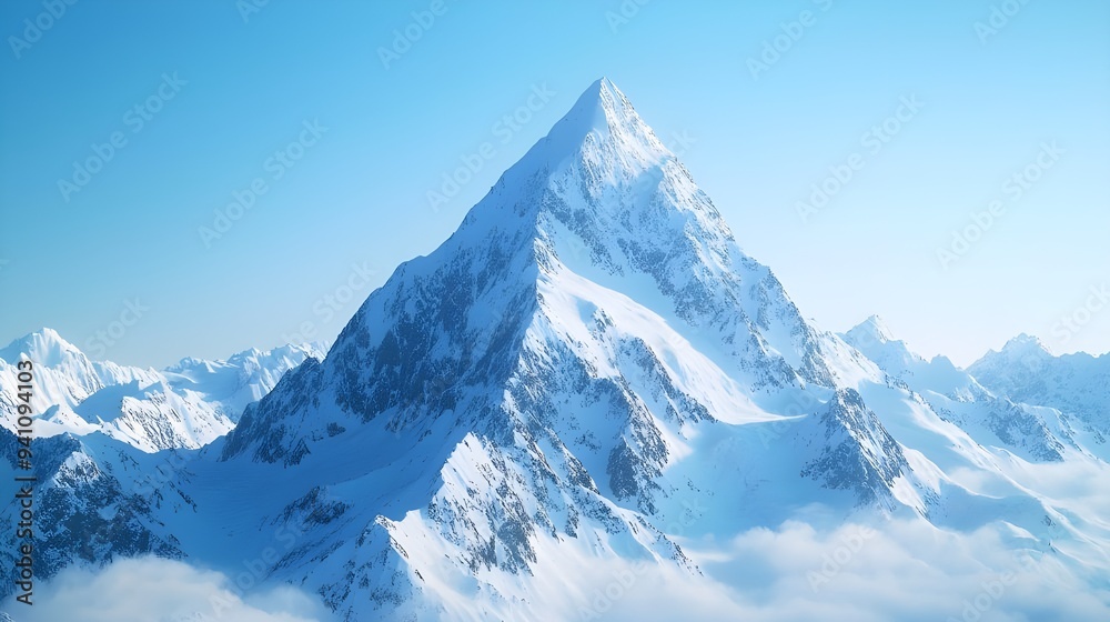 Dramatic images of snow-covered mountain peaks against clear blue skies, emphasizing the majesty of winter landscapes. Suitable for winter sports ads and travel brochures. Dramatic images of snow-covered mountain peaks against clear blue skies, emphasizing the majesty of winter landscapes. Suitable for winter sports ads and travel brochures.