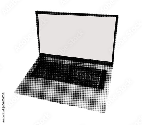 Halftone laptop on isolated background. Retro dots computer in vintage style. Design element