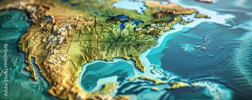 Topographic map showcasing diverse North American terrain.