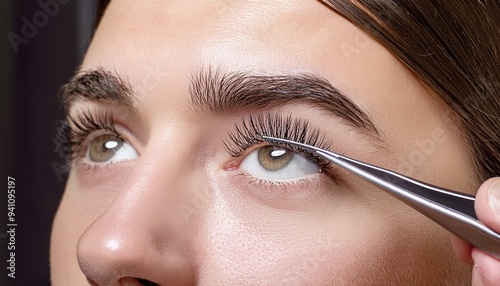 make up artist applying make up,close up of eye with tweezers,make up artist applying mascara,Precision Perfection: Close-Up of Eyelash Extensions Applied with Tweezers,close up of a woman applying ma